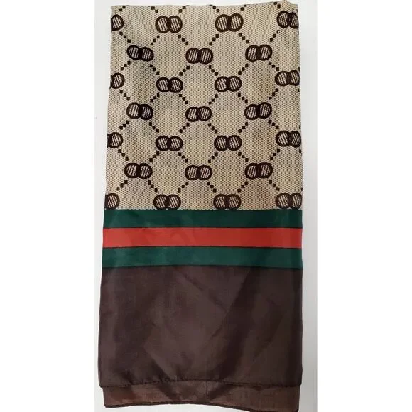 VTG Scarf Geometric 27" Square Brown/Red/Green/Tan Bordered Tennis Taiwan Nylon - Picture 4 of 6